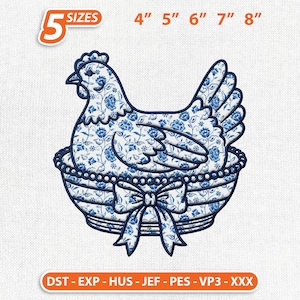 Hen on Nest Applique Embroidery Design, Vintage Glass Bowl Chicken Grandmacore Machine Stitch File
