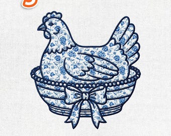 Diseño de bordado con apliques de gallina en nido, pollo con tazón de vidrio vintage, archivo de puntada a máquina Grandmacore
