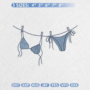 May include: A blue bikini set, including a top and bottom, hangs on a clothesline. The image includes the text "5 SIZES: 4" 5" 6" 7" 8"" and file type abbreviations. The bikini is secured with clothespins. The design is a line drawing.