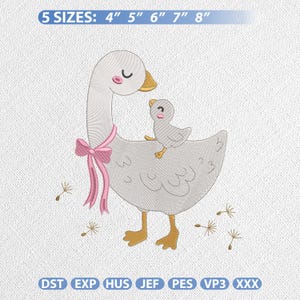 May include: An embroidery design featuring a light gray mother goose with a pink bow and a small gosling on its back. The design includes yellow feet and beaks, pink cheeks, and dandelion seeds. Text reads 5 SIZES: 4" 5" 6" 7" 8" and DST EXP HUS JEF PES VP3 XXX.