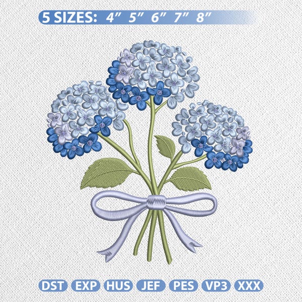 Hortensia's borduurwerk ontwerpen, blauwe hortensia boeket machine borduurwerk bestand bloemen coquette striksteekpatroon