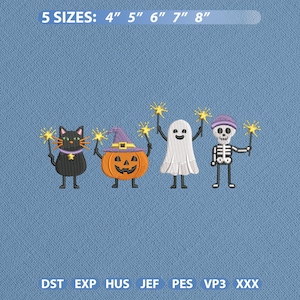 May include: An embroidery design featuring a black cat, an orange pumpkin with a purple hat, a white ghost, and a skeleton wearing a purple beanie, all holding yellow star wands. Text at the top reads 5 SIZES: 4" 5" 6" 7" 8" and file formats below.