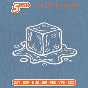 May include: White line art of a melting ice cube on a blue background. The image includes the text "5 SIZES" and size measurements in inches: 4", 5", 6", 7", and 8". The bottom of the image includes the text "DST - EXP - HUS - JEF - PES - VP3 - XXX".
