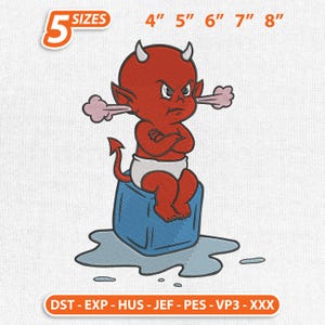 May include: An embroidered patch featuring a red devil baby with horns, a tail, and an angry expression. The devil is sitting on a blue ice cube. The patch is available in 5 sizes, ranging from 4 to 8 inches.