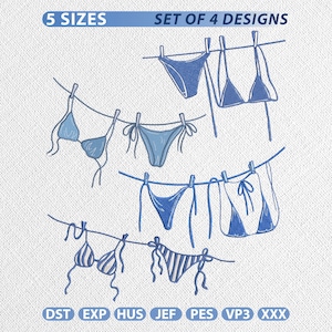 May include: Illustration of blue bikini sets hanging on a washing line. The image includes the text "5 SIZES" and "SET OF 4 DESIGNS". The image also includes the text "DST EXP HUS JEF PES VP3 XXX".