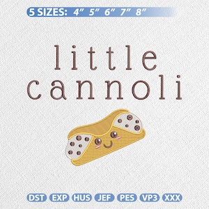May include: An embroidered design with the text "little cannoli" and a cartoon cannoli with a smiling face. Available in 5 sizes: 10 cm, 13 cm, 15 cm, 18 cm, and 20 cm.