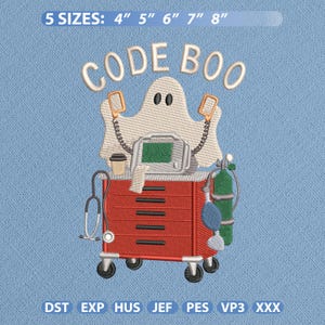 Code Boo Medical Ghost Embroidery Design, ER Nurse Crash Cart Embroidery File, Instant Download