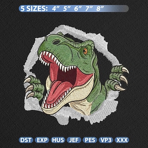 May include: Embroidered dinosaur design in green, red, and tan, breaking through a white torn-paper effect. The design includes the text "5 SIZES: 4" 5" 6" 7" 8"" at the top. The design is on a black background.