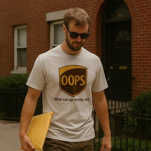 Könnte beinhalten: Hellgraues T-Shirt mit einem Parodie-UPS-Logo, das "OOPS" in einem braunen und goldenen Schild zeigt. Darunter steht der Text "What can go wrong, will." Die Person hält einen gelben Umschlag.