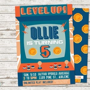 Level Up Arcade Birthday Invitation, Video Game Invitation, Pixel, Coin, Arcade Game Party, Game Over, 5th Birthday, Digital Invitation,