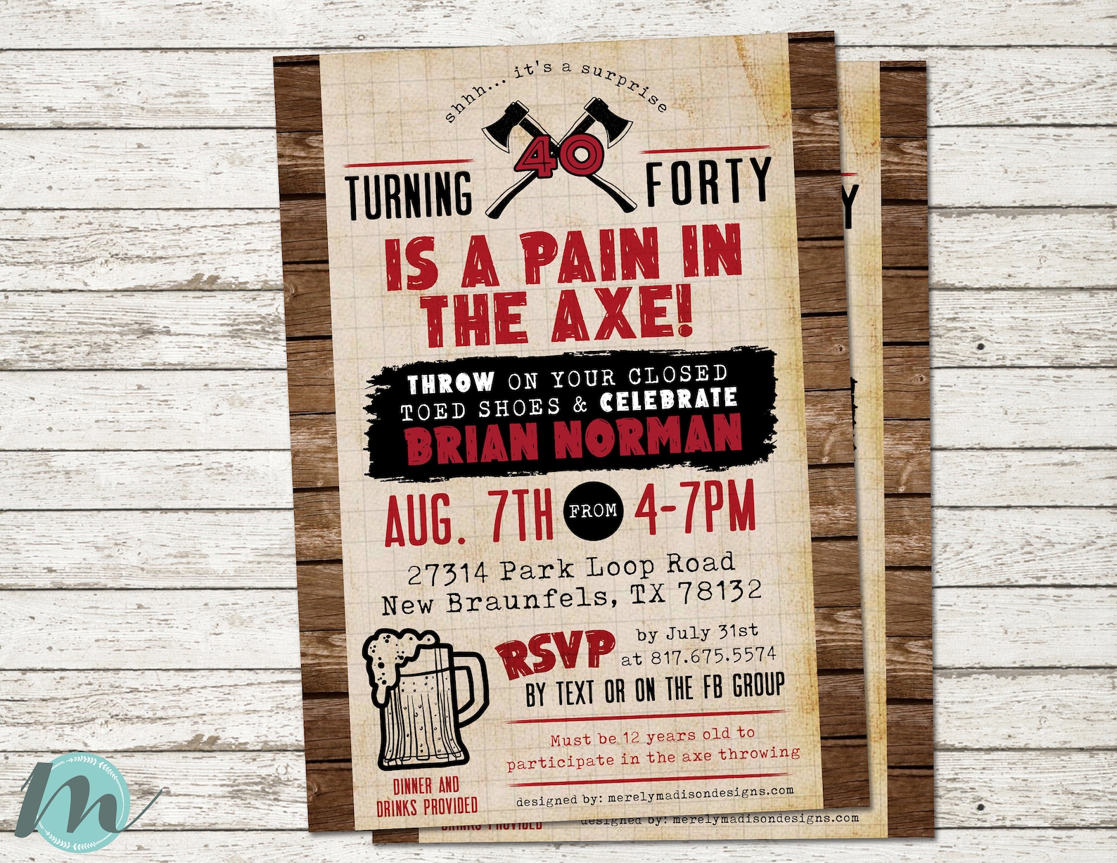 Axe Throwing Invitation, 40th Birthday Party, Pain in the Axe, Axe