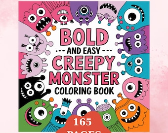 Puede incluir: Un libro para colorear cuadrado titulado "Bold...And Easy...Creepy Monster Coloring Book" con ilustraciones de monstruos coloridos. La portada presenta varios monstruos de dibujos animados en rosa, morado, verde, azul y naranja. El libro tiene 165 páginas.