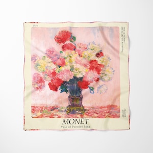 Monet Vase of Peonies Silk Scarf Bandana | Wearable Art Impressionist Fashion Accessory | Premium Satin Scarf Gift for Her
