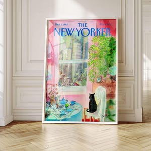 The New Yorker March 1 1982 Cover Print | Vintage Cat City Window Art | Retro Wall Decor | Aesthetic Living Room Bedroom Gift