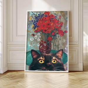 Van Gogh Red Poppies Daisies Cat Framed Poster | Floral Feline Art | Ready to Hang Wildflower Gift | Aesthetic Painting Print