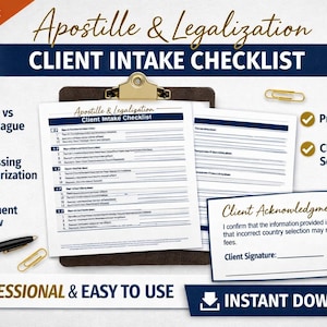 Peut inclure: Document PDF de 2 pages, « Apostille & Légalisation Client Intake Checklist ». Il comprend les étapes de La Haye et hors La Haye, le traitement et la notarisation, et la révision finale des documents. Il comprend une section d'accusé de réception du client.