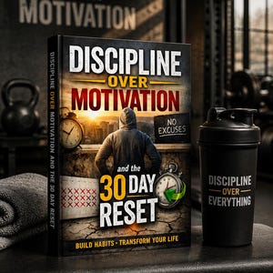 May include: A book titled "DISCIPLINE OVER MOTIVATION" with the text "and the 30 DAY RESET" and a black shaker bottle with the text "DISCIPLINE OVER EVERYTHING". The book cover features a person looking at a sunset. The background shows gym equipment.
