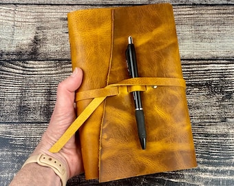 A5 Refillable Journal, Italian Cowhide, Golden Yellow with Pen Loop, Full Grain Leather