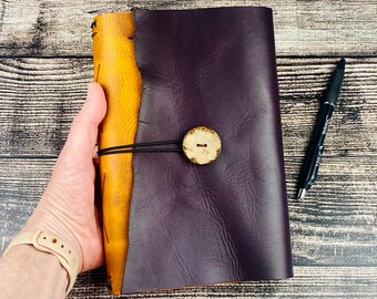 A5 Refillable Leather Journal, Italian Cowhide with Coconut Button, Full Grain Leather