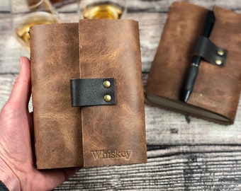Whiskey, Bourbon, Wine or Beer, Refillable Tasting Notes in Light Brown Bison Leather