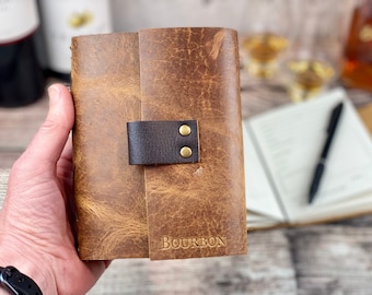 Bourbon Notebook, Whiskey Journal,  Refillable, Rustic Pecan Leather Cover