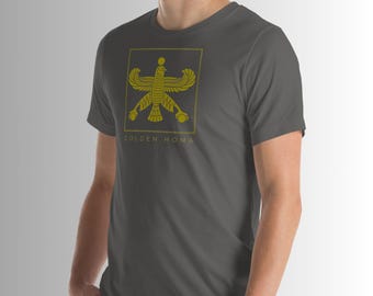 Homa Bird T-Shirt – Golden Persian Symbol Print, Unisex Cotton Graphic Fit