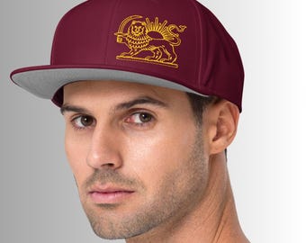 Lion & Sun Snapback Hat – Maroon with Gold Embroidery, Heritage Symbol Cap