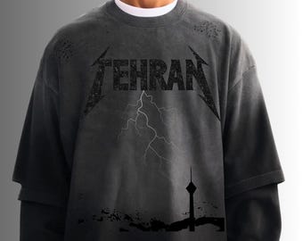 Lightning Skyline of Tehran in Dark mode - Long Sleeve T-Shirt – Frayed Black Oversized Streetwear