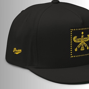 Golden Homa Snapback Hat, Persian Embroidered Cap, Achaemenid Symbol Streetwear, Adjustable Flat Bill, Retro Royale