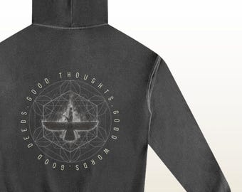 Faravahar Fire Hoodie – Sacred Geometry Back Print, Enzyme Washed Zoroastrian Cotton