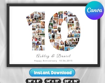 Foto-Collage-Vorlage zum 10-jährigen Jubiläum, Canva bearbeitbar, sofortiger digitaler Download, Hochzeits- oder Geburtstagsgeschenk zum 10-jährigen Jubiläum