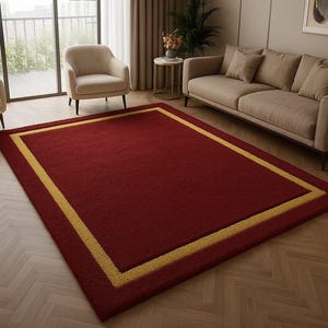 Elegant Red Area Rug with Golden Border – Modern Tufted Rectangle Carpet for Living Room