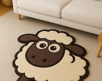 Cute Cartoon Sheep Shaped Tufted Rug – Soft Woolly Animal Kids Room Decor Mat