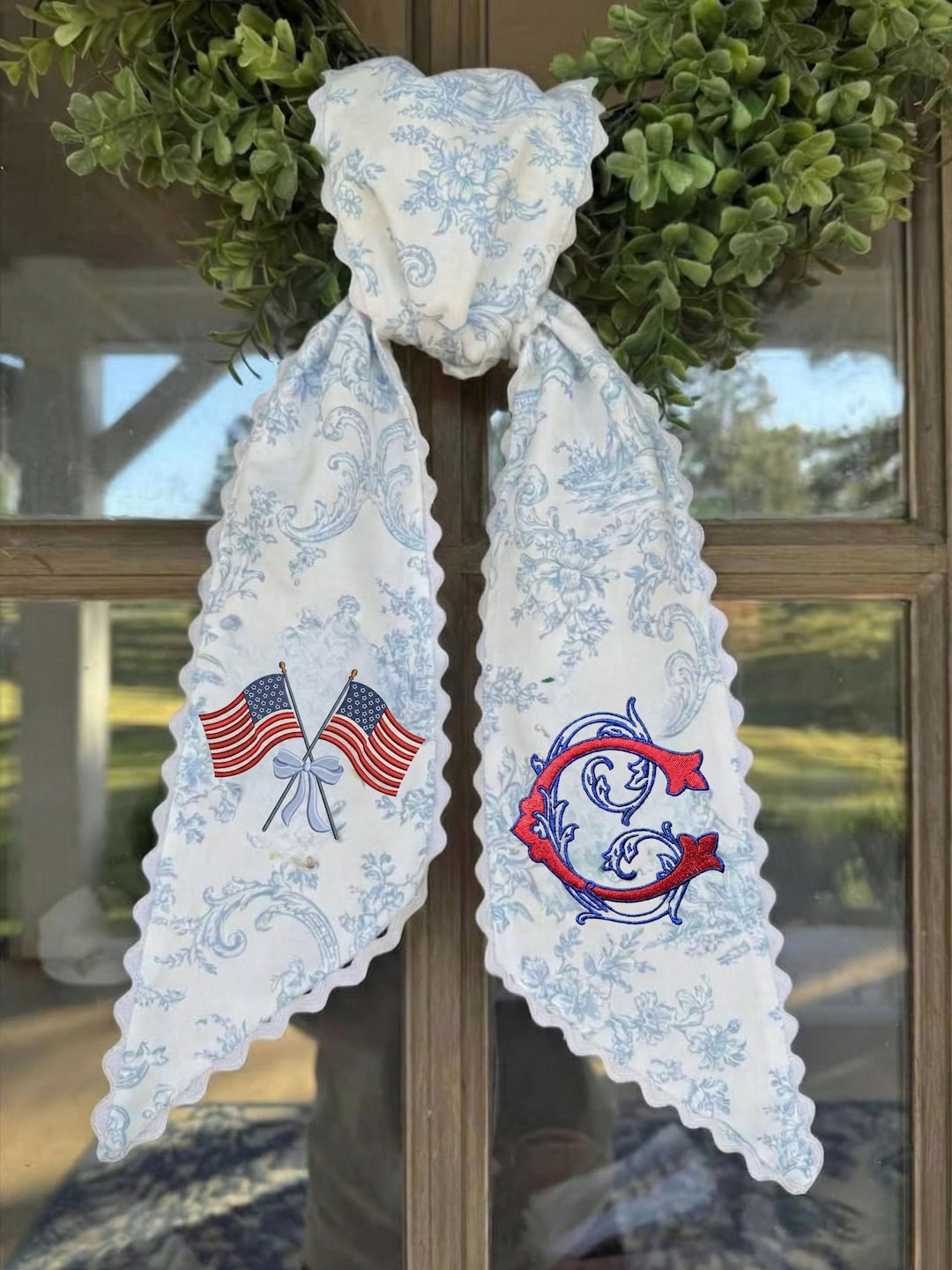 Embroidered Patriotic Wreath Sash , Monogrammed Door Bow, 4th of July, American Flag - Design & Monogram, 2