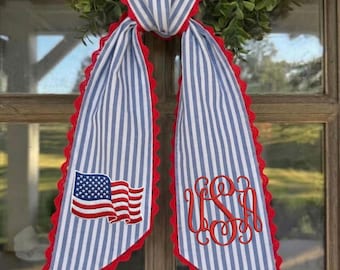 Kranz-Schärpe mit amerikanischer Flagge, Vaterländischer Sommer-Türdekor, 4. Juli-Haustür-Dekor, Gedenktag-Kranz-Schärpe, Gingham Americana-Dekor