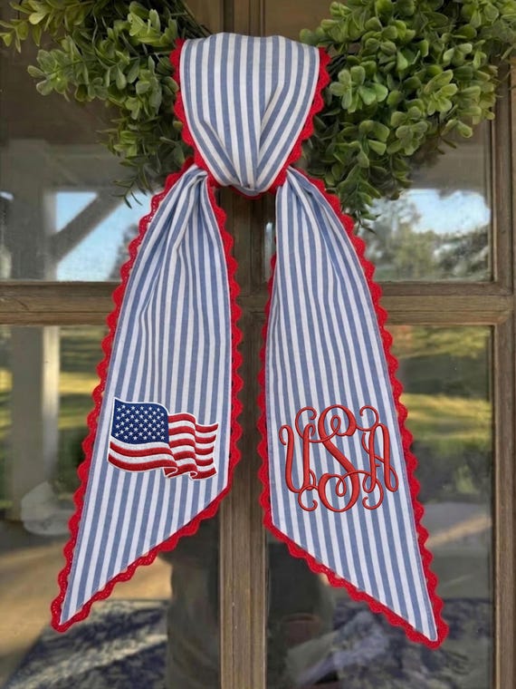 Wreath Sash with American Flag, Patriotic Summer Door Decor, 4th of July Front Door Decor, Memorial Day Wreath Sash, Gingham Americana Decor