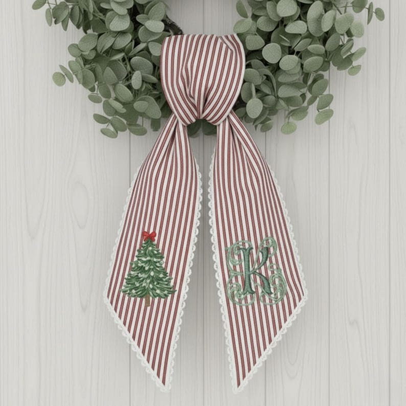 Red Ticking Stripe Front Door Sash, Embroidered Holiday Decor, Personalized Christmas Tree Wreath Sash