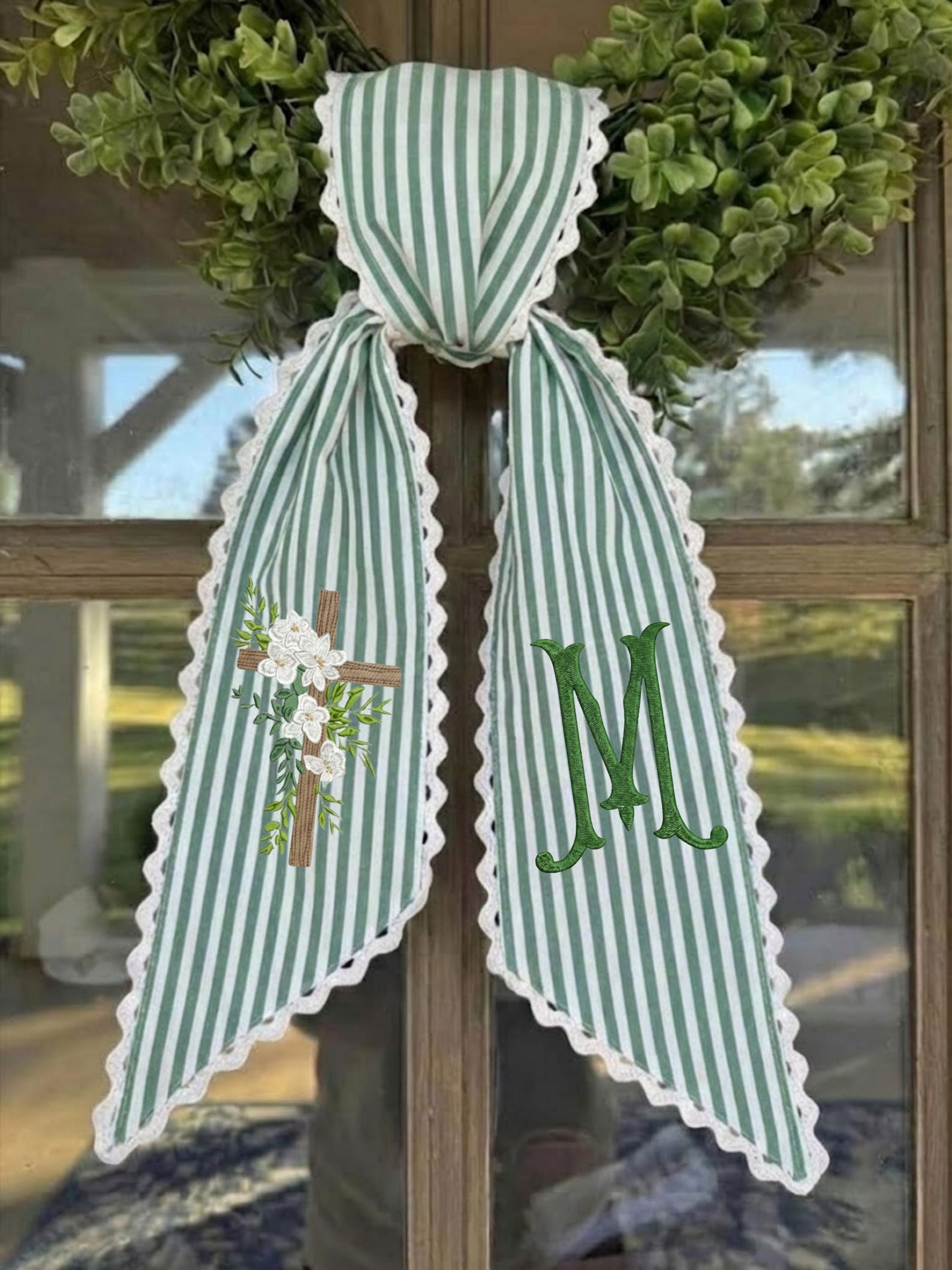 Green Striped Cross Wreath Sash – Personalized Faith & Spring Decor, Monogrammed Easter Wreath Sash