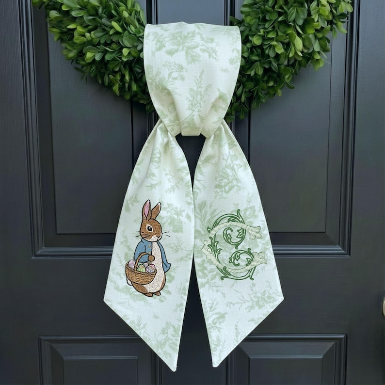 Easter Wreath Sash, Custom Monogrammed, Front Door Decor, Personalized Home, Unique Home Gift, Spring Porch Decor, spring bunny bow