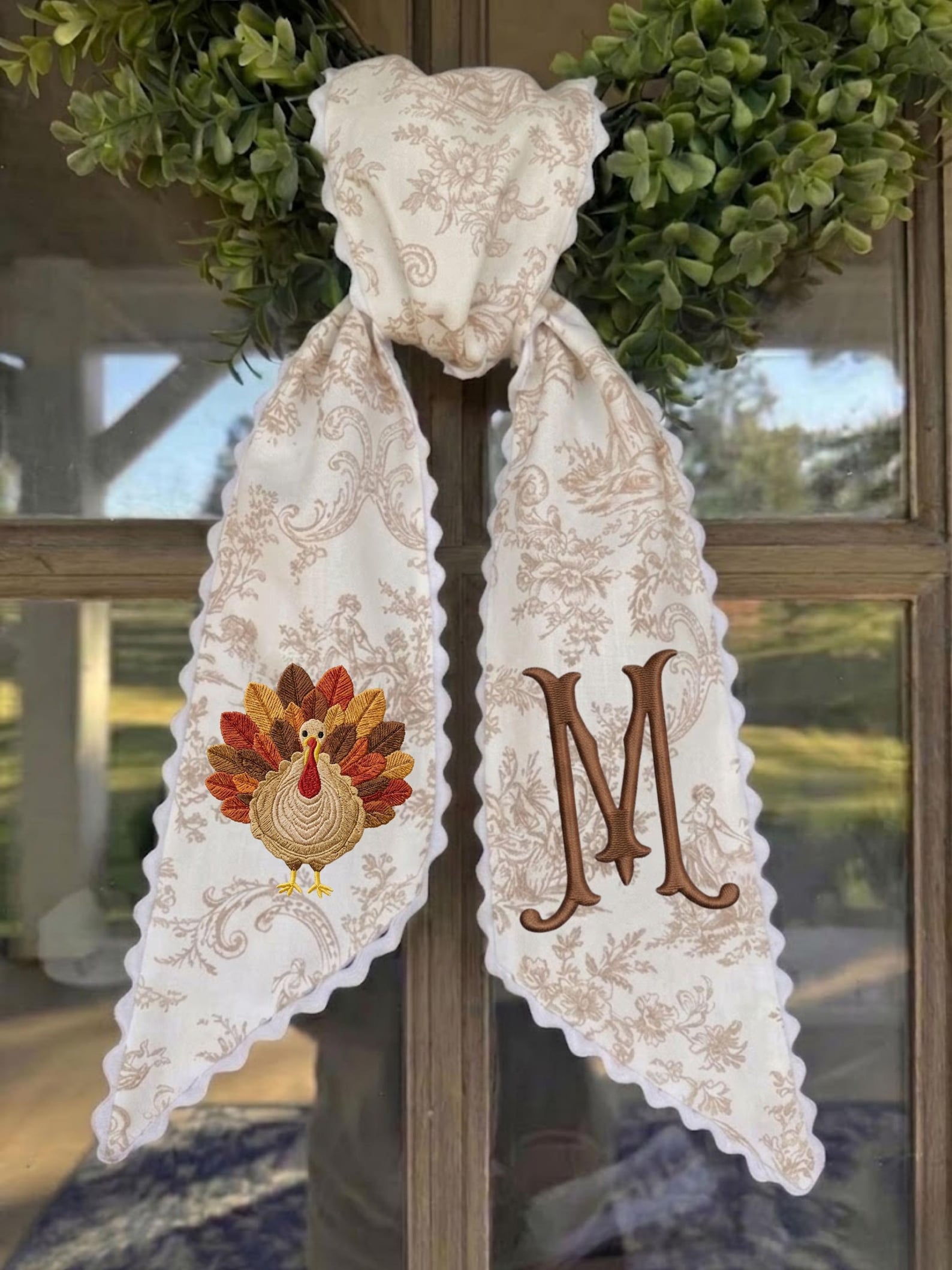 Personalized Turkey Monogram Wreath Sash, Embroidered Thanksgiving Door Bow, Fall Wreath Ribbon Decor, Embroidered Turkey Monogram Sash - Design & Monogram, Brown Toile
