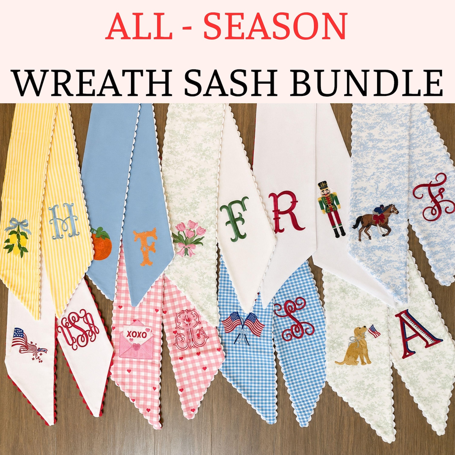 Embroidered Wreath Sash Bundle, Seasonal Door Decor,Seasonal Wreath Sash Bundle, All-Season Wreath Sash Bundle, Year-Round Holiday