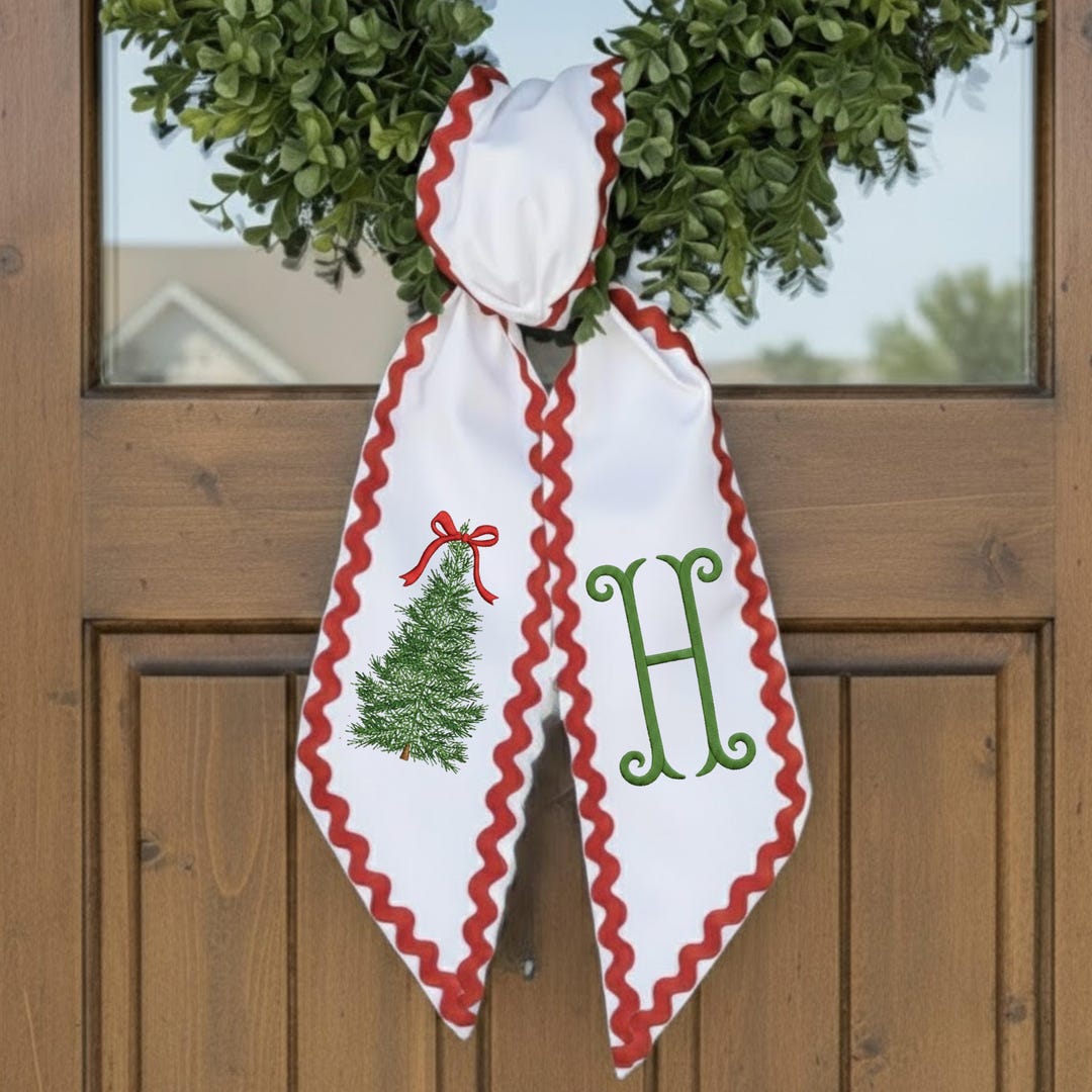 Monogrammed Christmas Wreath Sash – Embroidered Tree, Red Ric Rac Trim