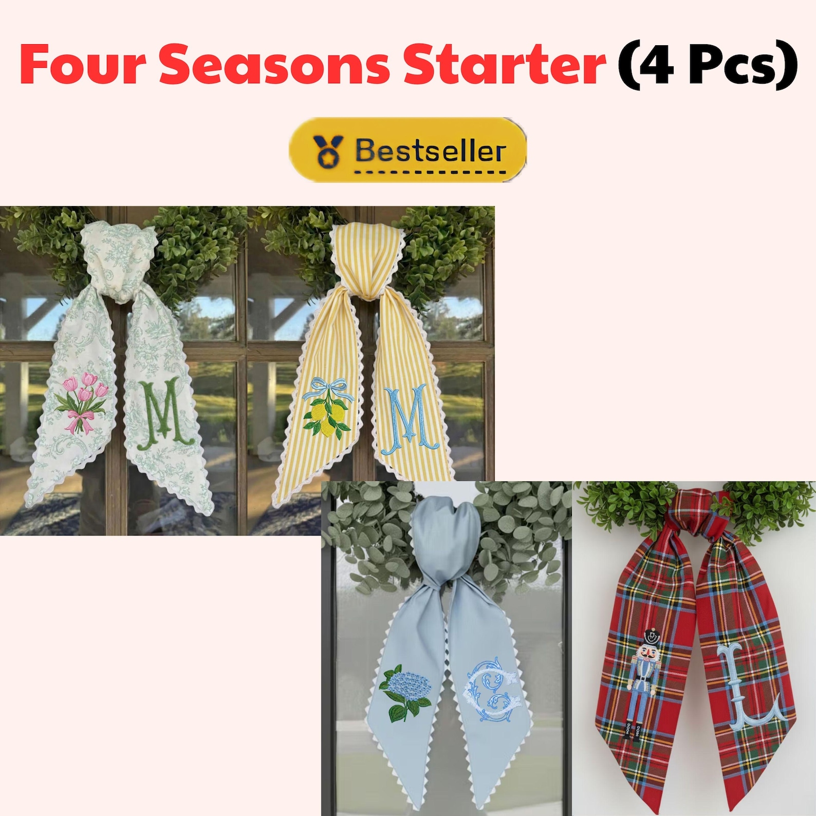 Embroidered Wreath Sash Bundle, Monogrammed Seasonal Sashes - Combo 4 Pcs