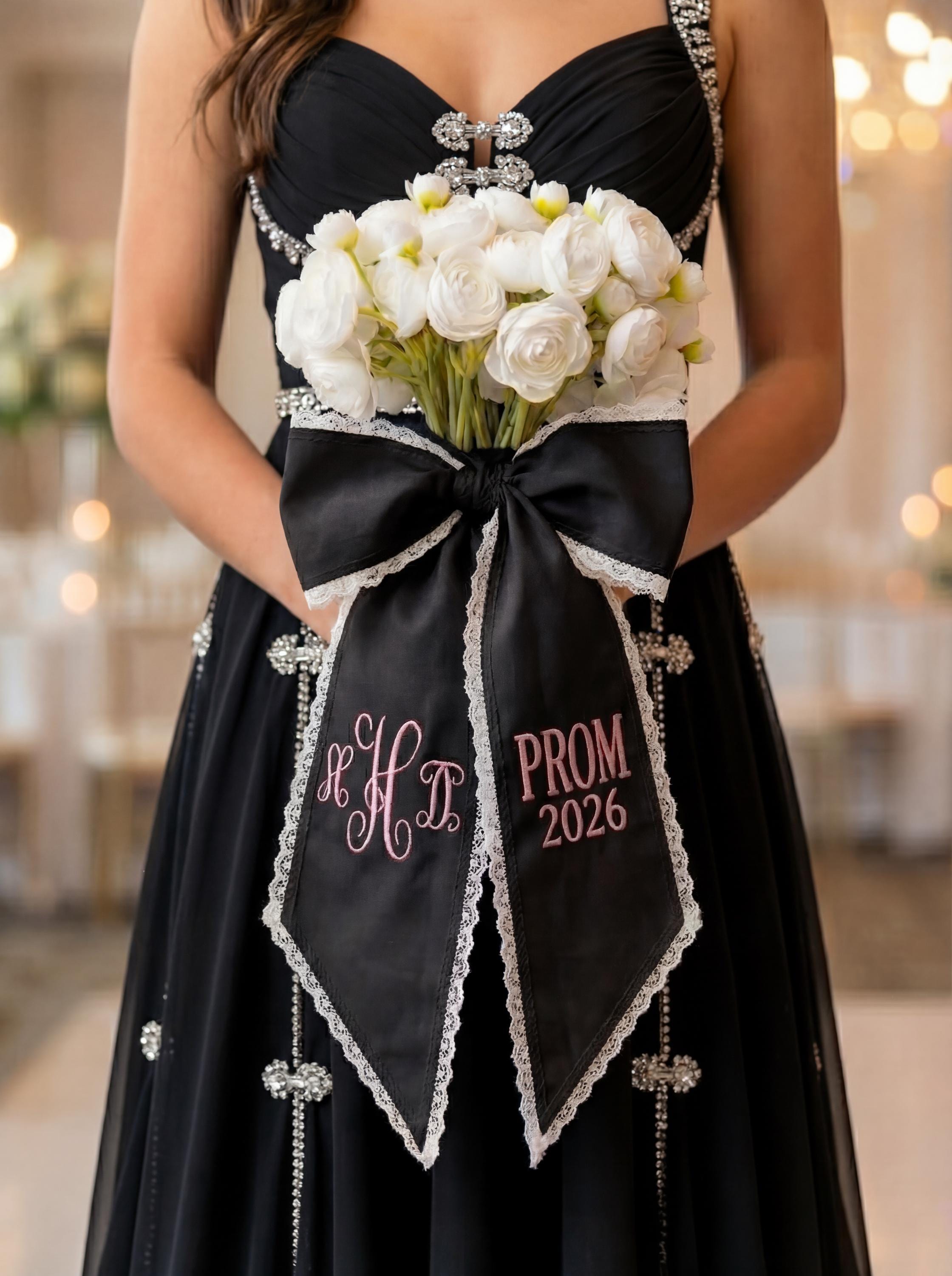 Personalized Lace Trim Bouquet Sash Custom Monogram Prom Keepsake Ribbon