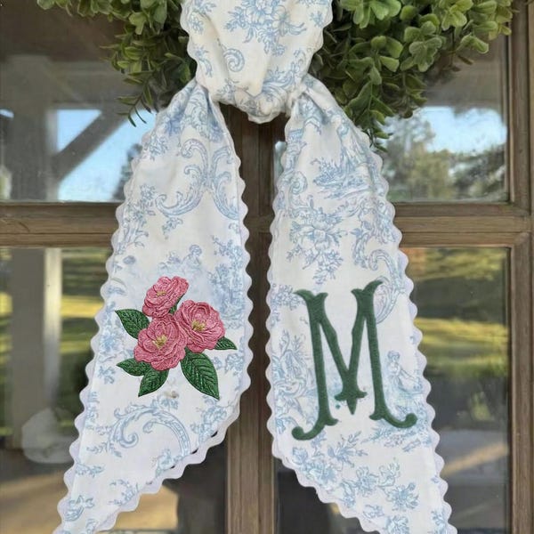 Personalized Monogram Wreath Sash, Embroidered Sage Gingham Check Bow, Custom Initial Decor, Magnolia Flower Embroidery, Housewarming Gift