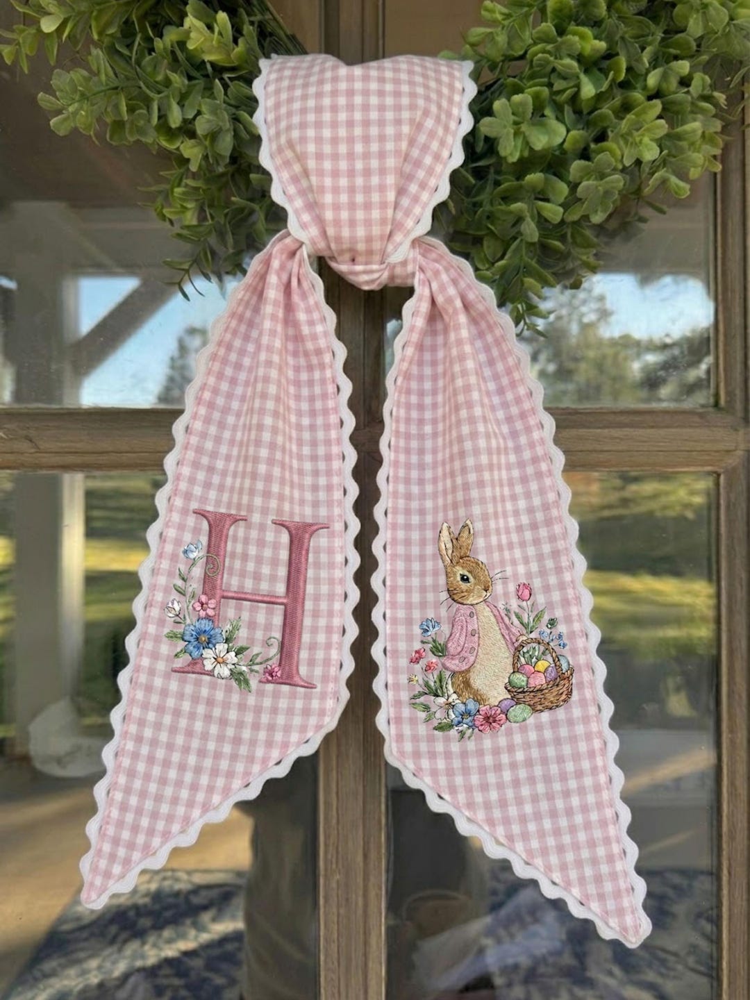 Monogram Easter Wreath Sash Gingham, Bunny Front Door Decor, Spring Bunny Bow, Spring Porch Decor,