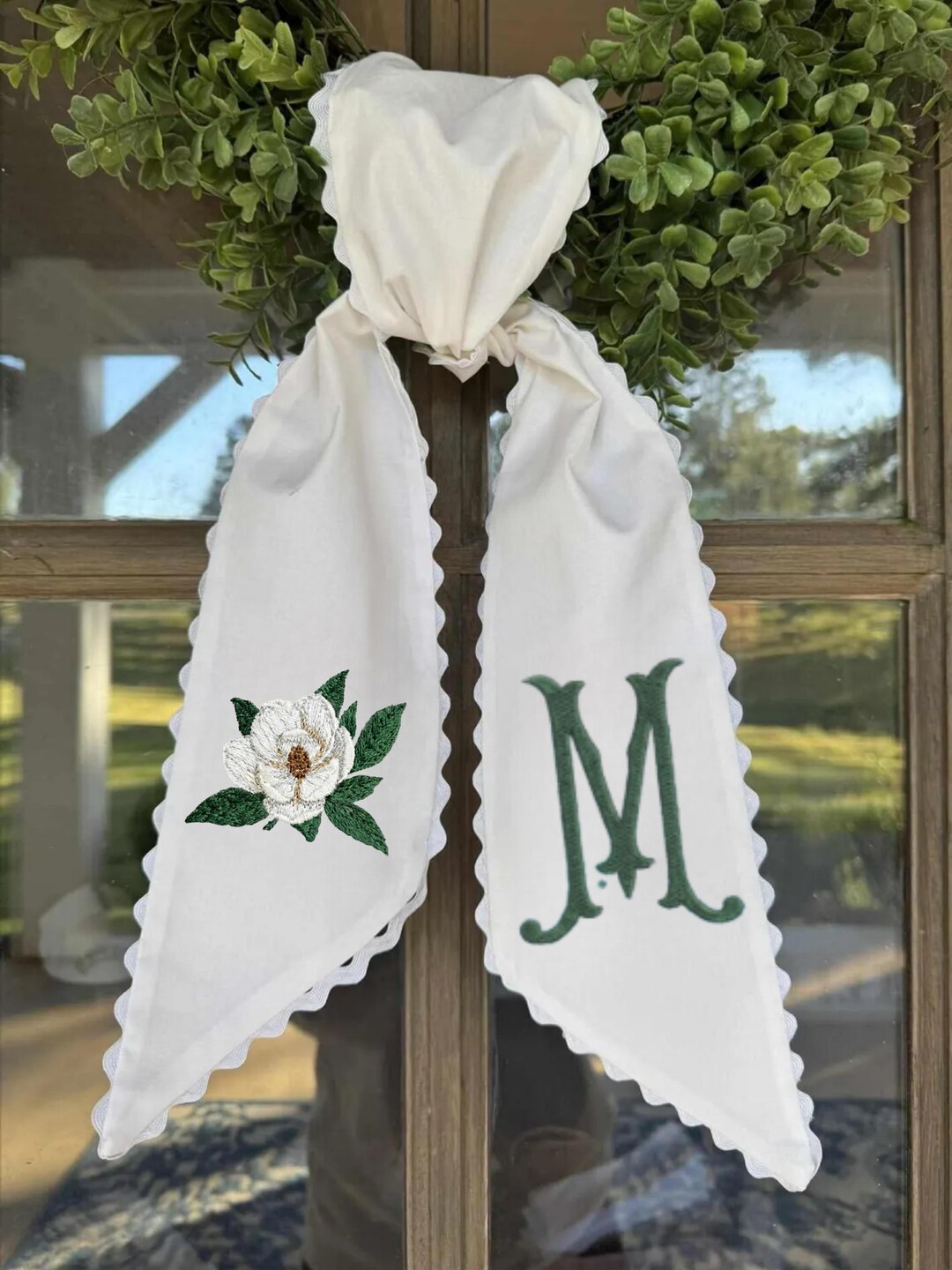 Personalized Magnolia Wreath Sash, Embroidered Southern Door Decor, Personalized Monogram Sash, Scalloped Wreath Decor - Design & Monogram, White