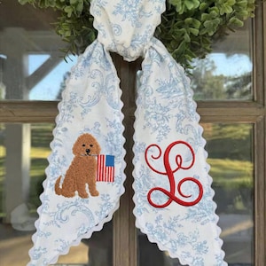 Wreath Sash Fourth July, Custom Patriotic Wreath Sash, Embroidered Monogram, Rick Rack Trim