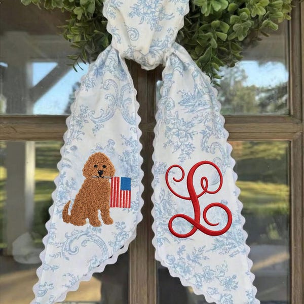 Wreath Sash Fourth July, Custom Patriotic Wreath Sash, Embroidered Monogram, Rick Rack Trim