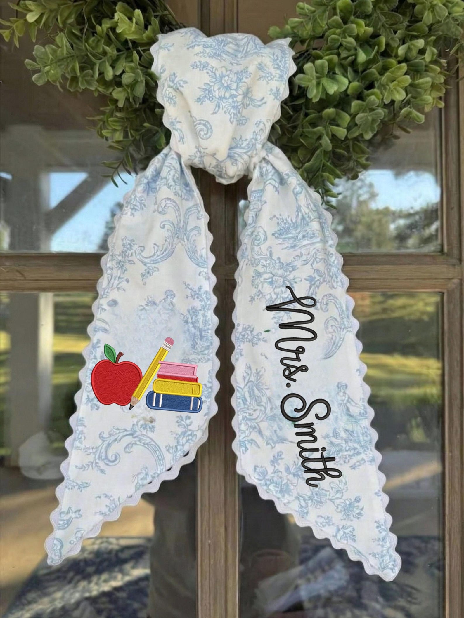 Personalized Teacher Door Wreath Sash, Classroom Decor Ribbon, Personalized Teacher Wreath Sash, Custom Embroidered Classroom Decor - Design & Monogram, Blue Toile